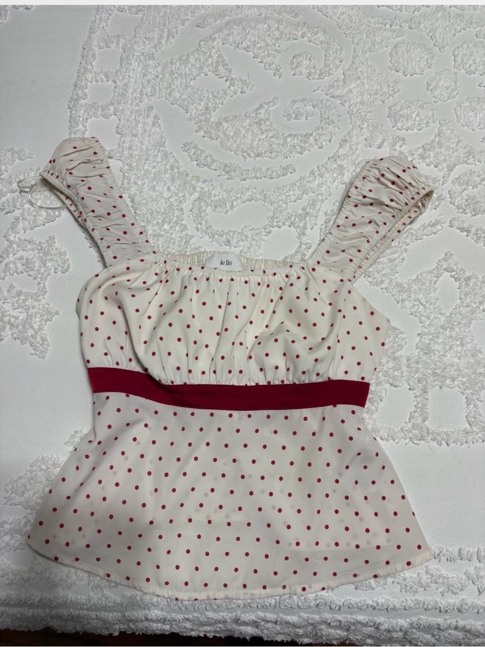 Le Lis Cream Tank Top with Red Polka Dots and Red Waistband